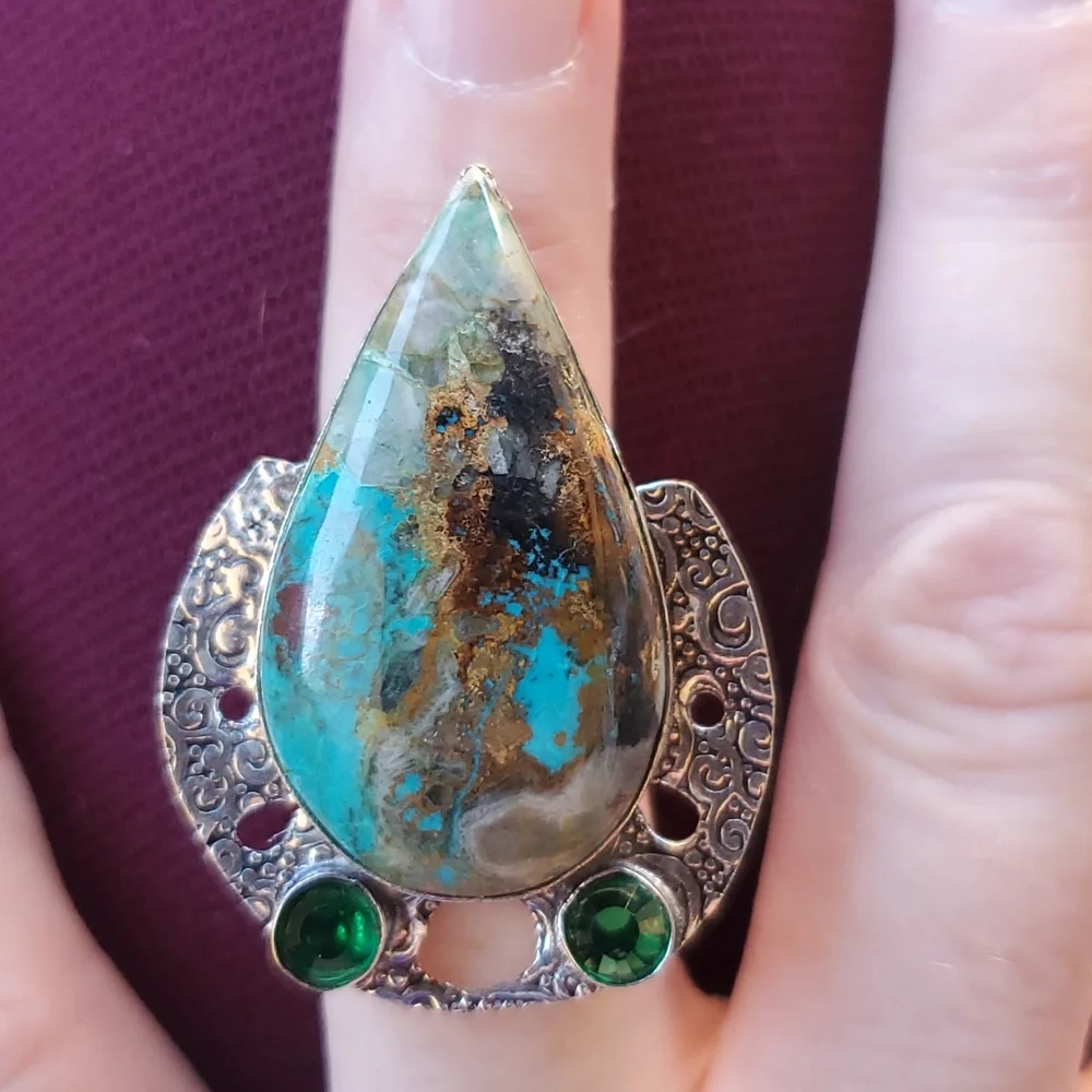 New Oversized Chrysocolla & Diopside 925 Silver Statement Ring.